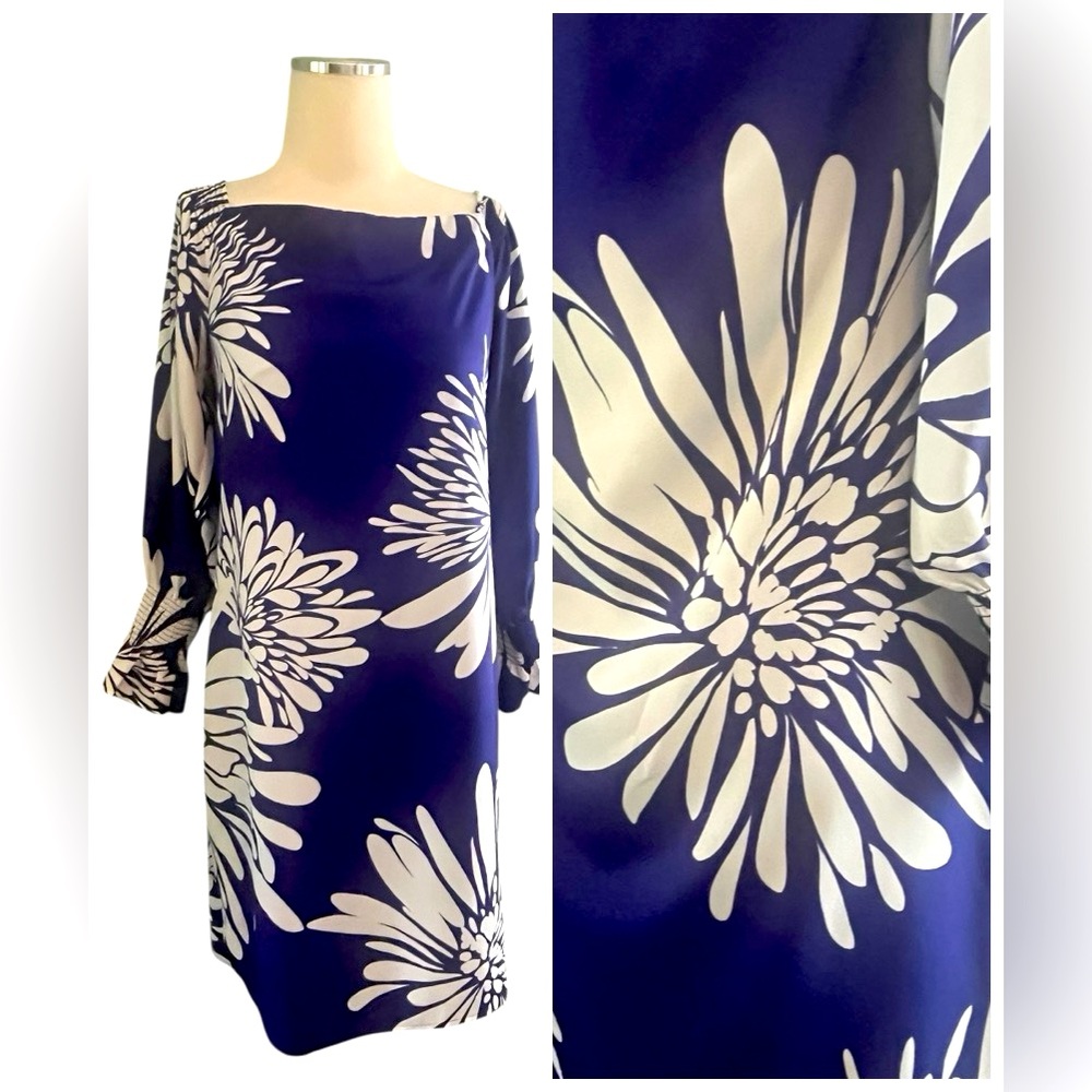 Trina Turk Elegant Floral Midi Dress Blue and White, Size Small Classic Feminine